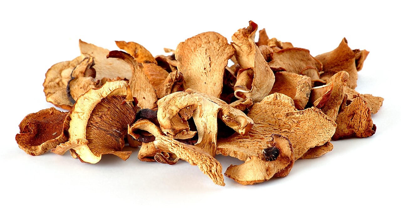 Tray of sliced dried mushrooms