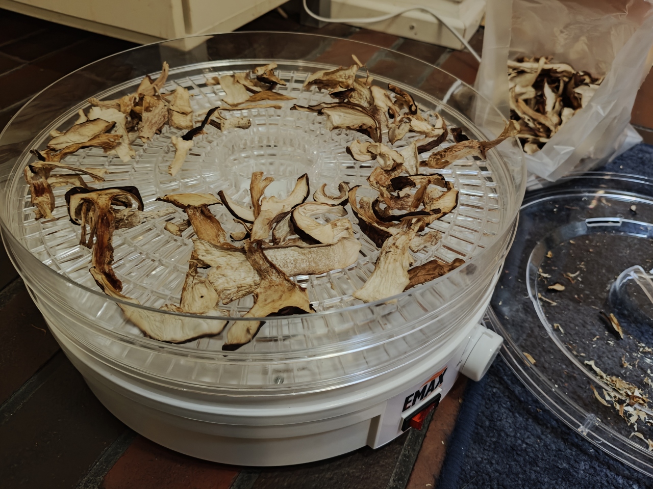 Sliced herkkutatti on a tray in an electric fruit and vegetable dryer, with a bag of dried slices beside it