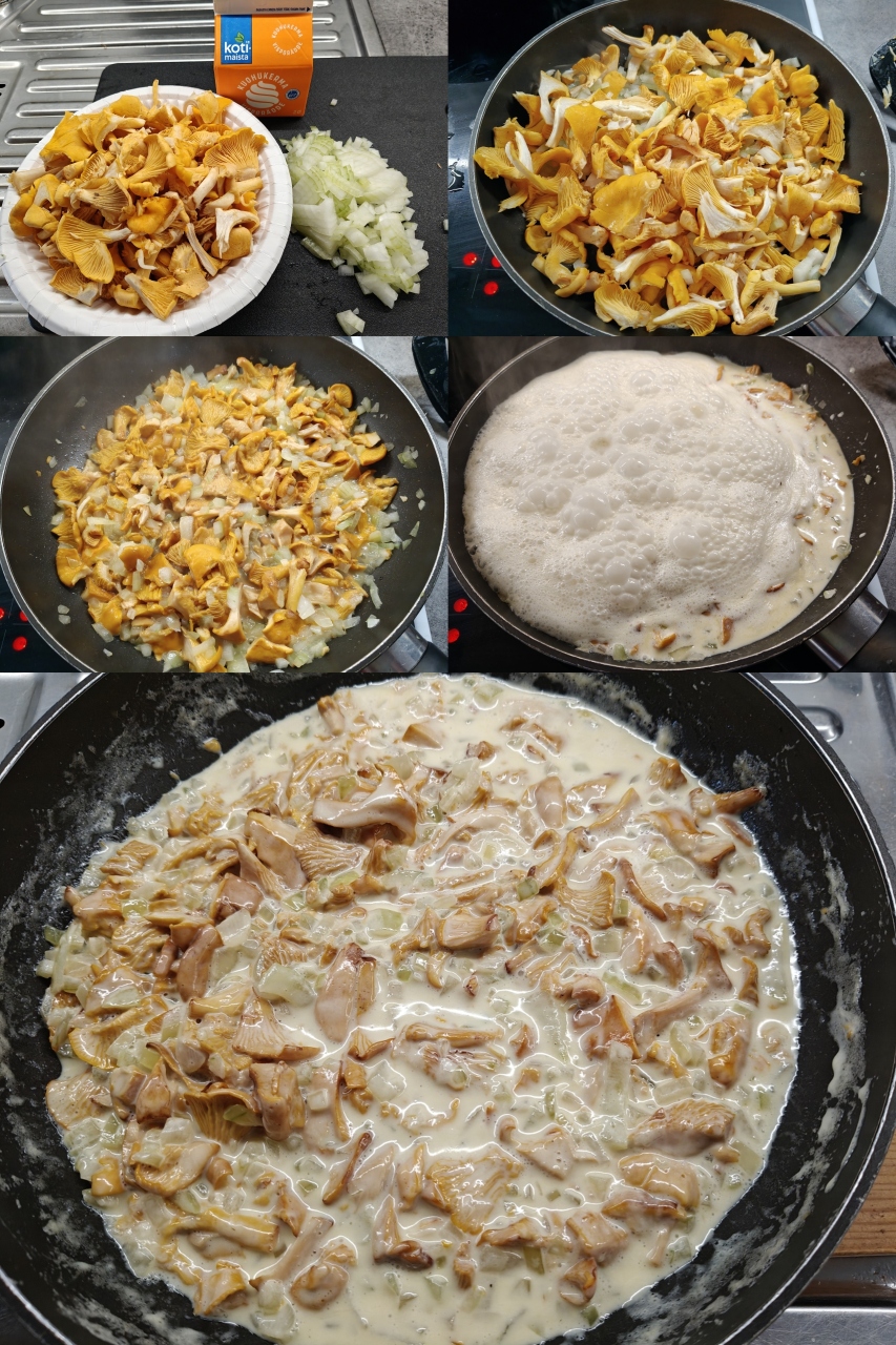 Five-photo collage: chopped kanttarelli and onion, frying, adding cream, and the finished creamy sauce